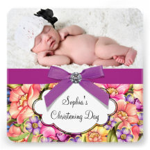 Pink Purple Flower Baby Girl Photo Christening Announcements