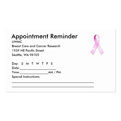 Pink Ribbon Appointment Reminder Business Card Templates