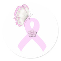 Pink Ribbon Butterfly Round Stickers