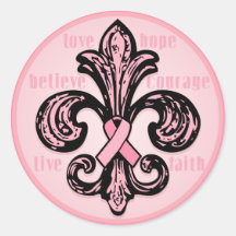 Pink Ribbon Fleur de lis Round Sticker