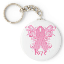 Pink Ribbon Love Wings Keychain