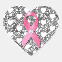 Pink Ribbon on Silver White Glitter Hearts Sticker