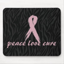 pink ribbon; peace love cure zebra print mouse pad