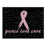 pink ribbon; peace love cure zebra print post card