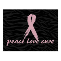 pink ribbon; peace love cure zebra print post card