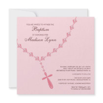 Pink Rosary Bead Baby Girl Baptism Inviation Custom Invites