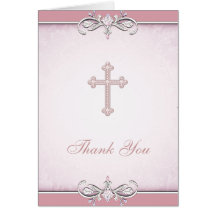 Pink Rose Damask Cross Christian Thank You Card