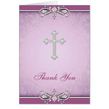 Pink Rose Damask Cross Christian Thank You Card