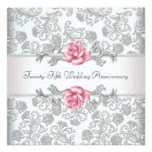 Pink Rose Damask Silver 25th Wedding Anniversary Custom Invite