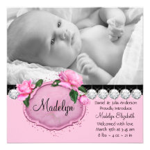 Pink Rose Pink Black Photo Birth Announcement