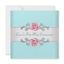 Pink Rose Teal Girls Teal First Communion Personalized Invitations