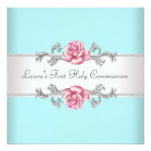 Pink Rose Teal Girls Teal First Communion Personalized Invitations