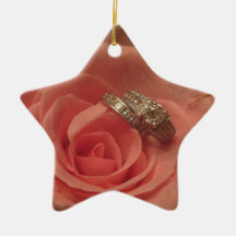 Pink rose with wedding rings christmas ornament