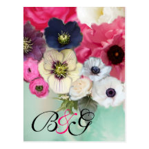 PINK ROSES AND ANEMONE FLOWERS MONOGRAM POST CARDS