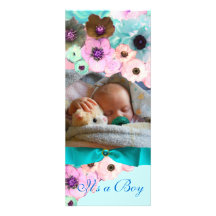 PINK ROSES  AND BLUE BOW PHOTO TEMPLATE MONOGRAM ANNOUNCEMENTS