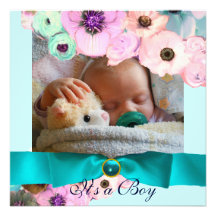 PINK ROSES  AND BLUE BOW PHOTO TEMPLATE MONOGRAM INVITATION