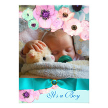 PINK ROSES  AND BLUE BOW PHOTO TEMPLATE MONOGRAM PERSONALIZED INVITATIONS