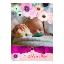PINK ROSES  AND BLUE BOW PHOTO TEMPLATE MONOGRAM PERSONALIZED INVITATIONS