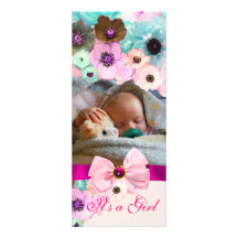 PINK ROSES AND BOW, BABY SHOWER PHOTO TEMPLATE PERSONALIZED ANNOUNCEMENTS