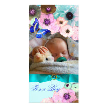PINK ROSES ,BLUE BUTTERFLY NEW BABY PHOTO TEMPLATE PHOTO CARD TEMPLATE