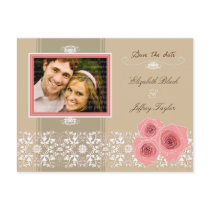 Pink Roses Damask Lace Save The Date Postcard