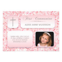 Pink Roses FIrst Communion Photo Custom Invitation
