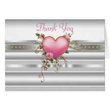 Pink Roses Heart Pearls White Thank You Cards