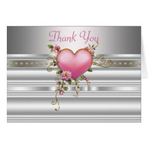 Pink Roses Heart Pearls White Thank You Cards