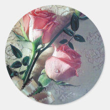 Pink roses lace wedding love round stickers