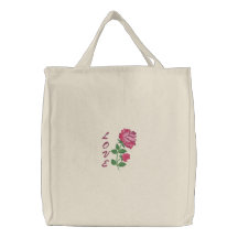 Pink roses love embroidered canvas tote bag