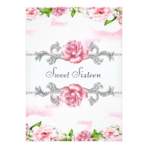 Pink Roses Pretty Pink White Sweet Sixteen Party Custom Invitation