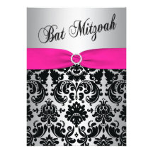 Pink, Silver, and Black Damask Bat Mitzvah Invite