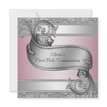 Pink Silver Cross Girls First Communion Invite