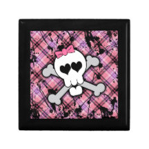 Pink Skull and Crossbones with Hearts and Bow Keepsake Boxes