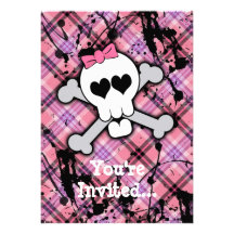 Pink Skull and Crossbones with Hearts and Bow Custom Invitations