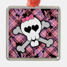 Pink Skull and Crossbones with Hearts and Bow Ornaments
