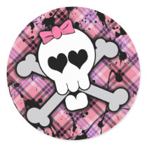 Pink Skull and Crossbones with Hearts and Bow Round Sticker