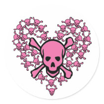 Pink Skulls in Heart Shape Round Sticker
