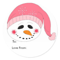 Pink Snowman Gift Tags Round Stickers