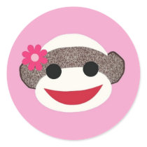 Pink Sock Monkey Flower Girl Round Sticker