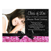Pink Sparkle-look Bow Photo Graduation Announcements
