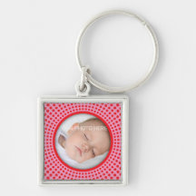 Pink square photo frame with red dots keychain