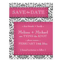 Pink Stitched Damask Save the Date Announcements