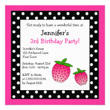 Pink Strawberry Birthday Black & White Polka Dots Personalized Announcement