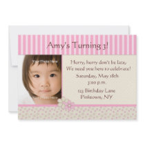 Pink Stripe Photo Birthday Invitation