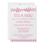 Pink Stripe Ribbon Bow Baby Girl Shower Invitation