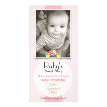 Pink Sweet Shop Lollipop Birthday Party Invitation Customized Photo Card
