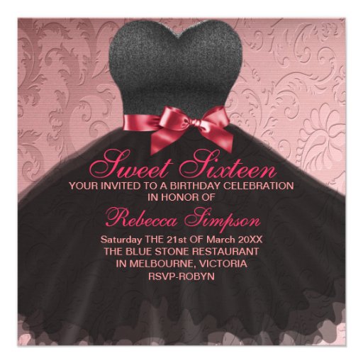 Pink Sweet Sixteen Black Dress Birthday Invitation