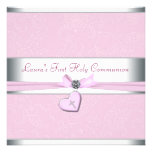 Pink Swirl Heart Pink Cross First Communion Invitation