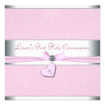 Pink Swirl Heart Pink Cross First Communion invitations